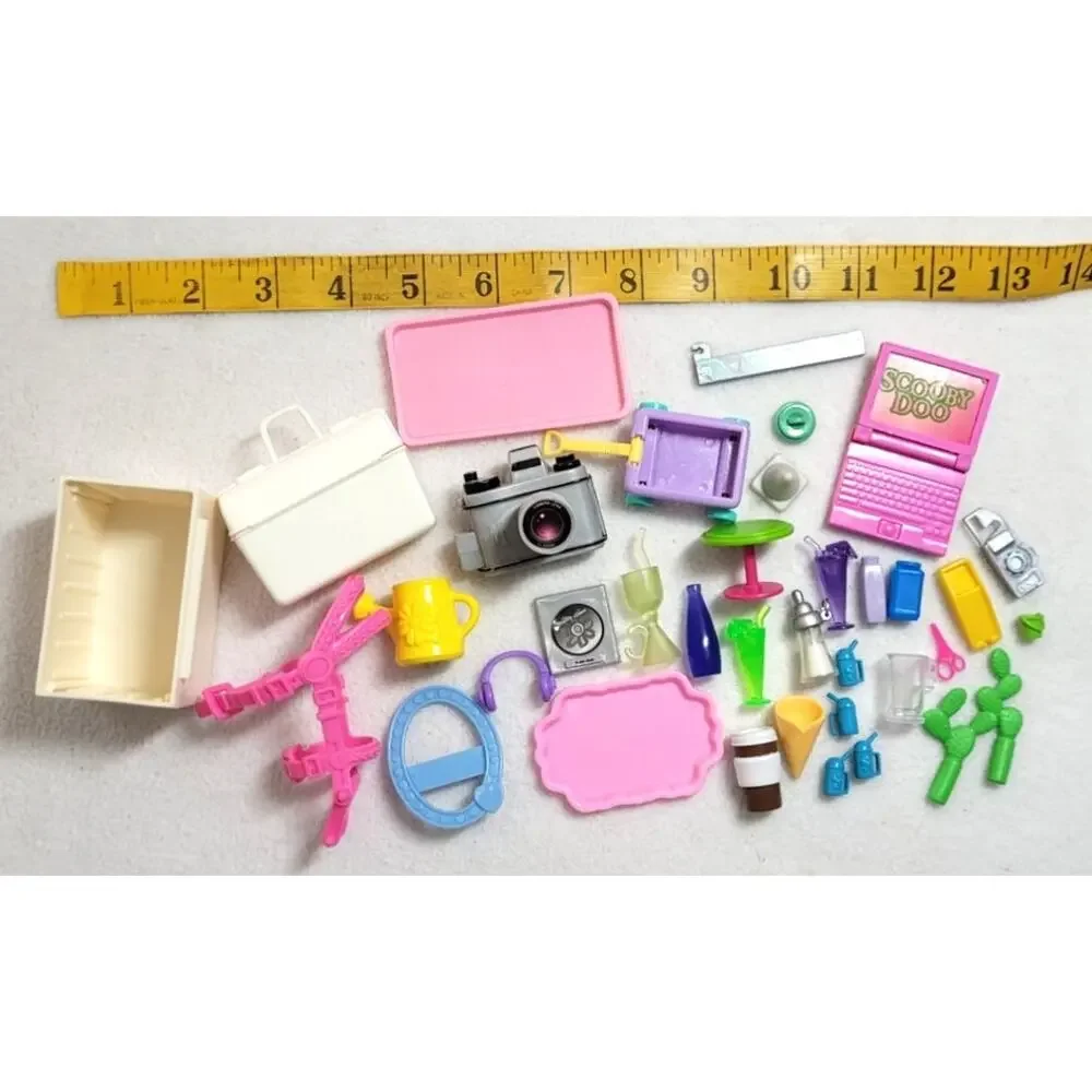 30+ Pc Barbie Dollhouse Accessories Lot Camera Frame Bag Drinks Computer Wagon